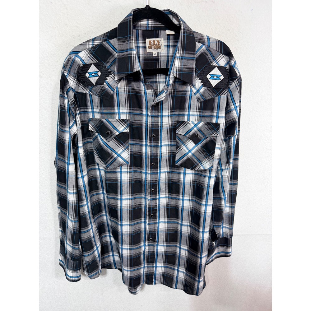 Ely Cattleman Western Shirt Plaid Embroidered Men's XL Blue Cowboy Pearl Button
